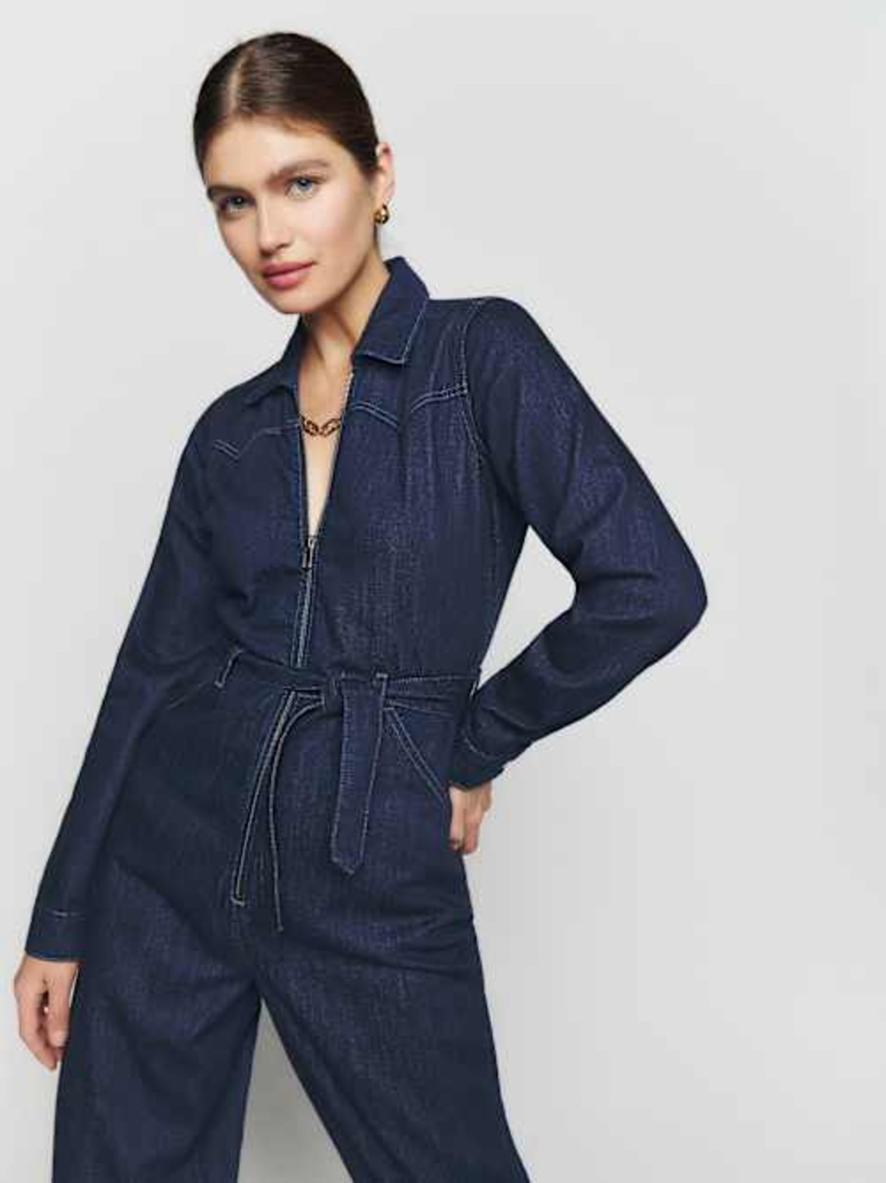 Reformation Dark Blue Denim Zip-Front Jumpsuit